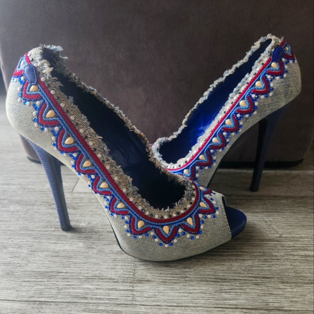 RARE Gionmarco Lorenzi Denim Embroidered Y2K Vintage Peep Toe Pumps